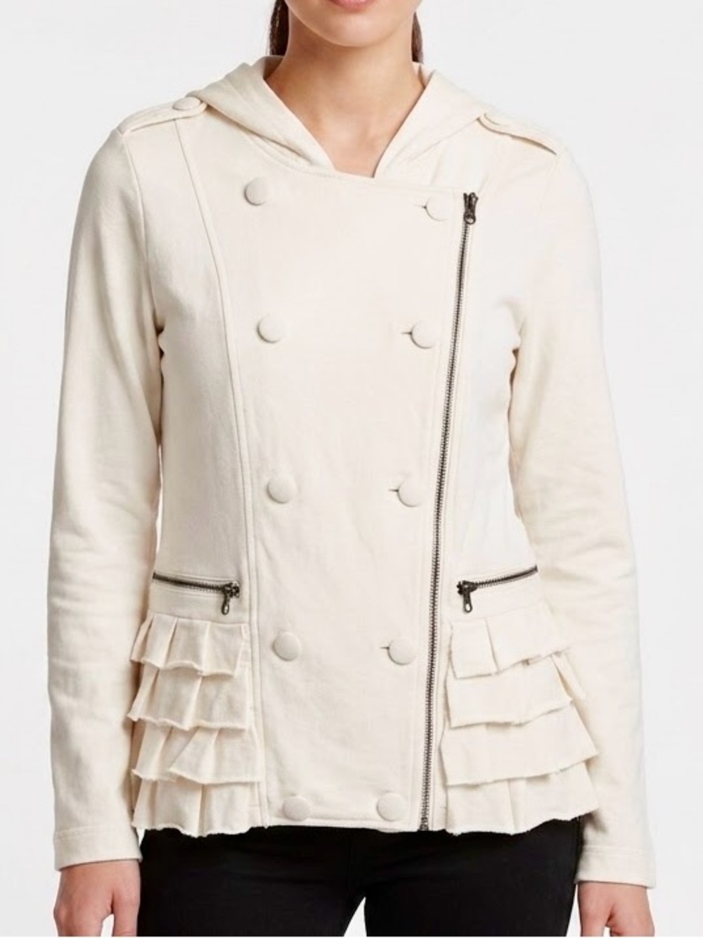 RXB Lightweight Knit Cream Double-Breasted Hooded Jacket w Ruffle Hem LHP